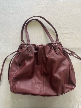 Burgundy Soft Leather Drawstring Shoulder Bag - Boho Chic